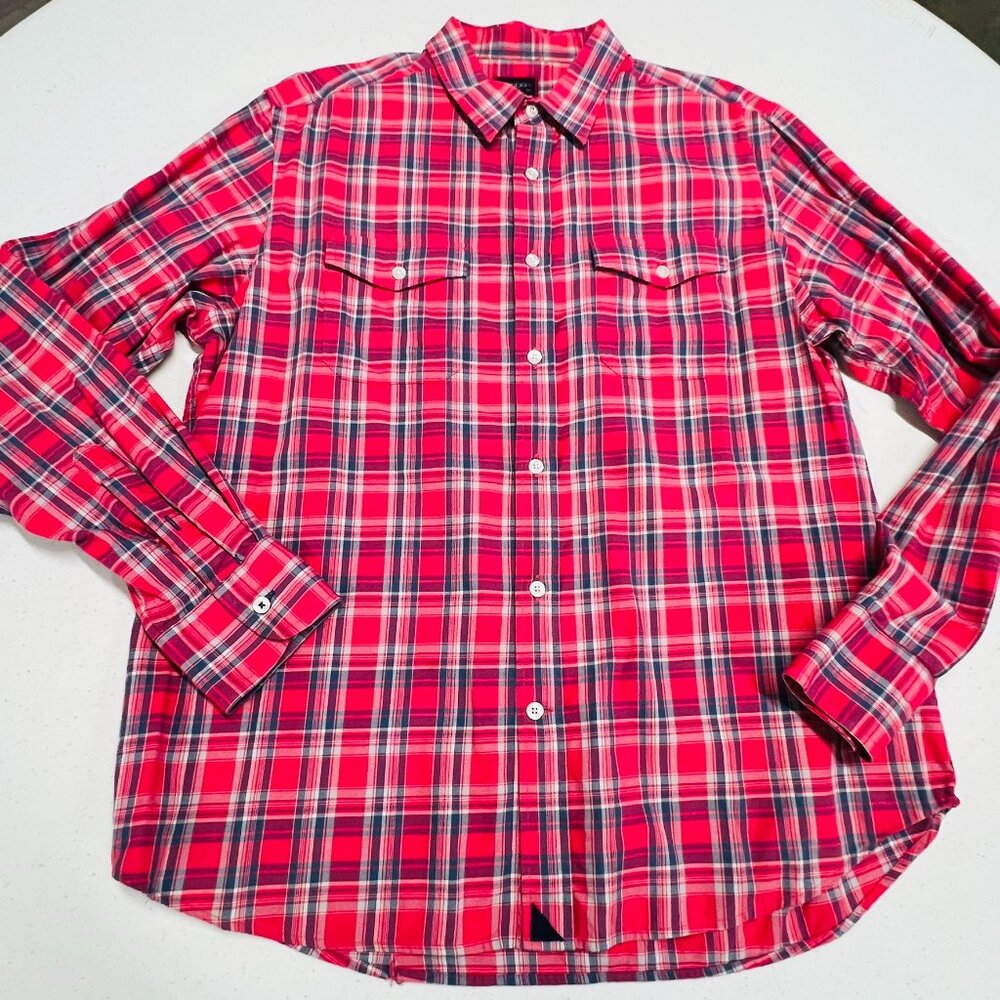 Untuckit Button Down Plaid Red Blue White Lightweight Cotton Shirt Men's Large.